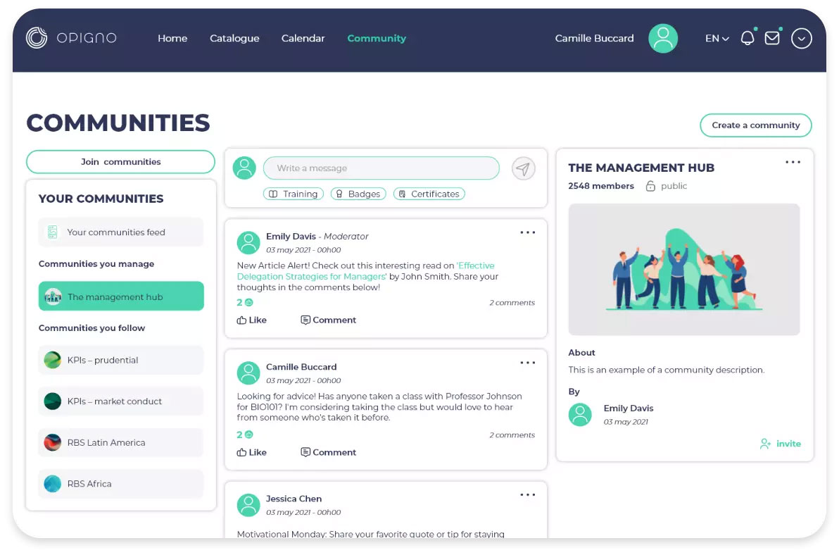 Apart from administrator-managed forums within learning modules, Opigno LMS users can create their own thematic online communities.